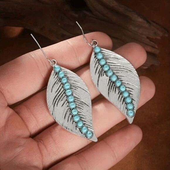 Bohemian Western Leaf Shaped Silver Turquoise Earrings - Picture 6 of 6